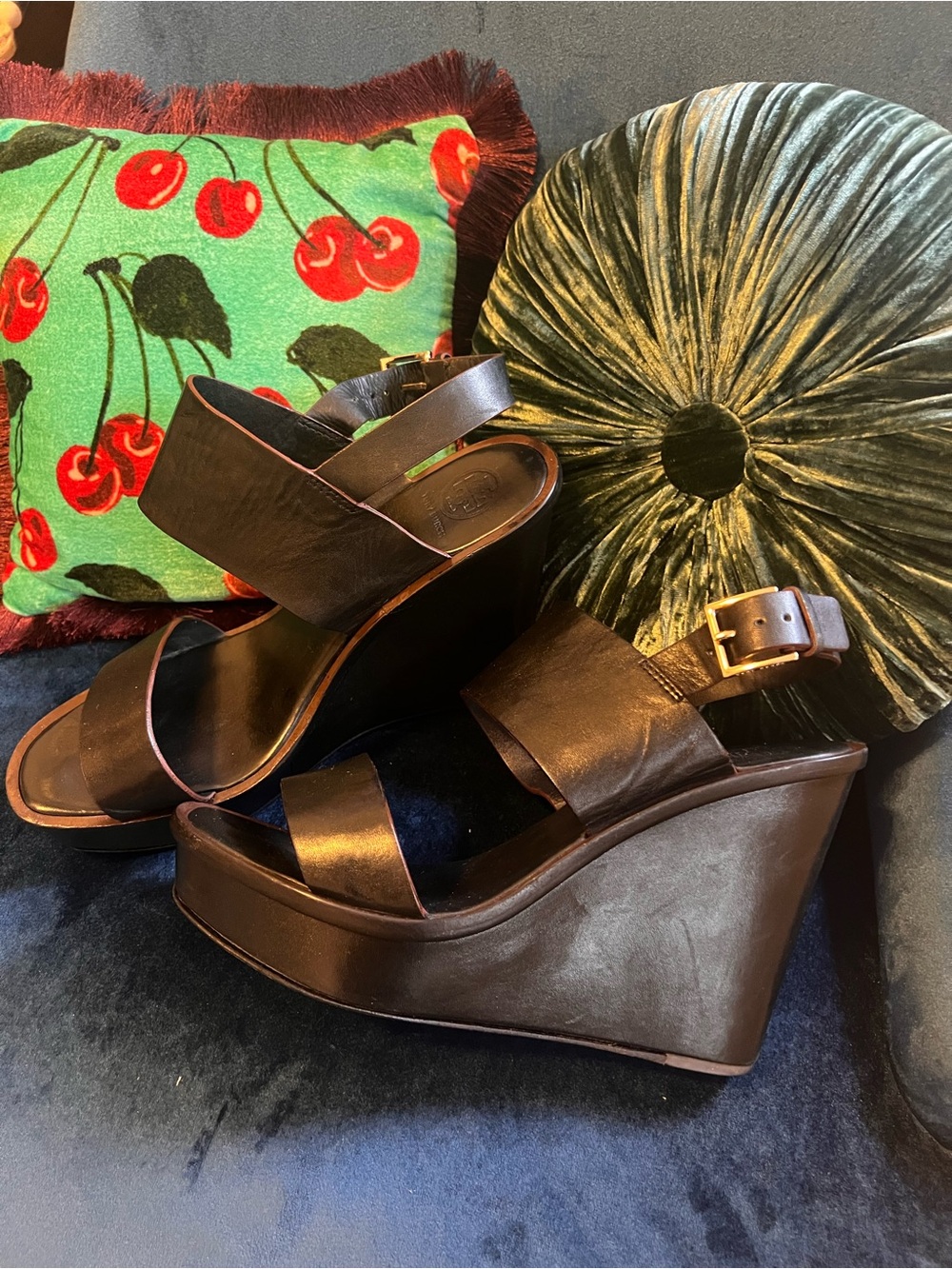Tory Burch Black Leather Platform Wedge Sandals Size 10M